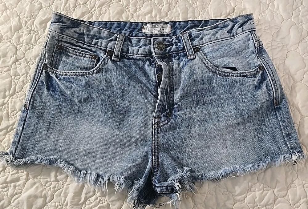 Free People Womens 29 Denim Shorts High Rise Button Fly Distressed Raw Hem #0252